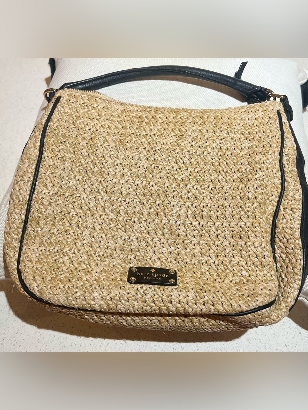 Kate Spade Raffia Straw Shoulder Bag with Black Trim